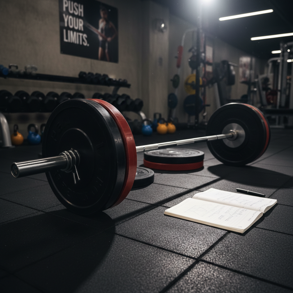 Barbell loaded with plates next to training notebook in gym