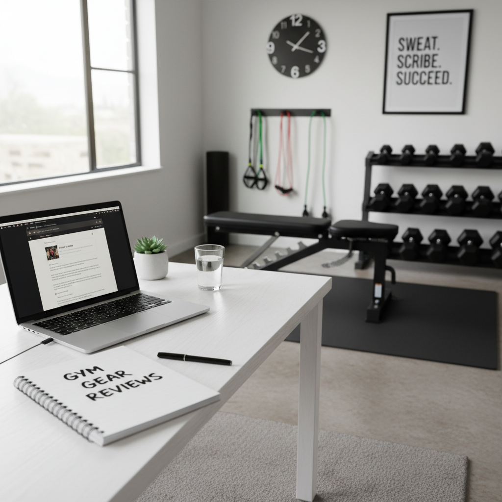 Home gym review workspace with laptop and equipment in background