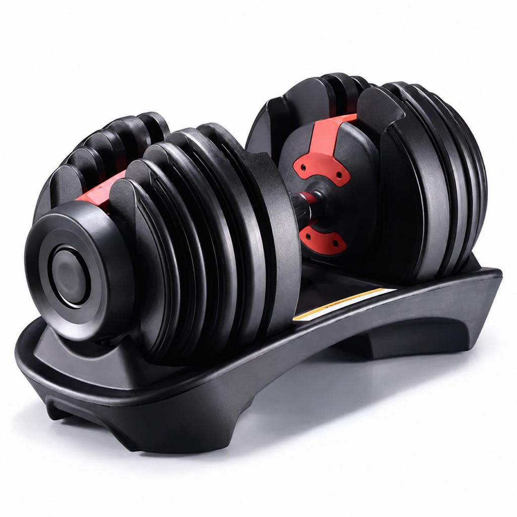 Adjustable dumbbells on rubber gym flooring for home workouts