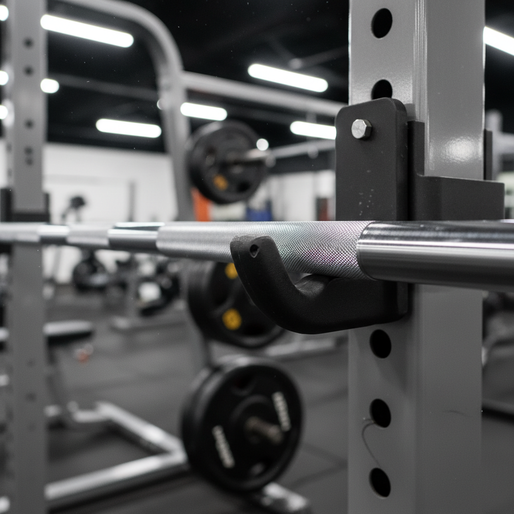 Olympic barbell with knurling detail resting on J-hooks