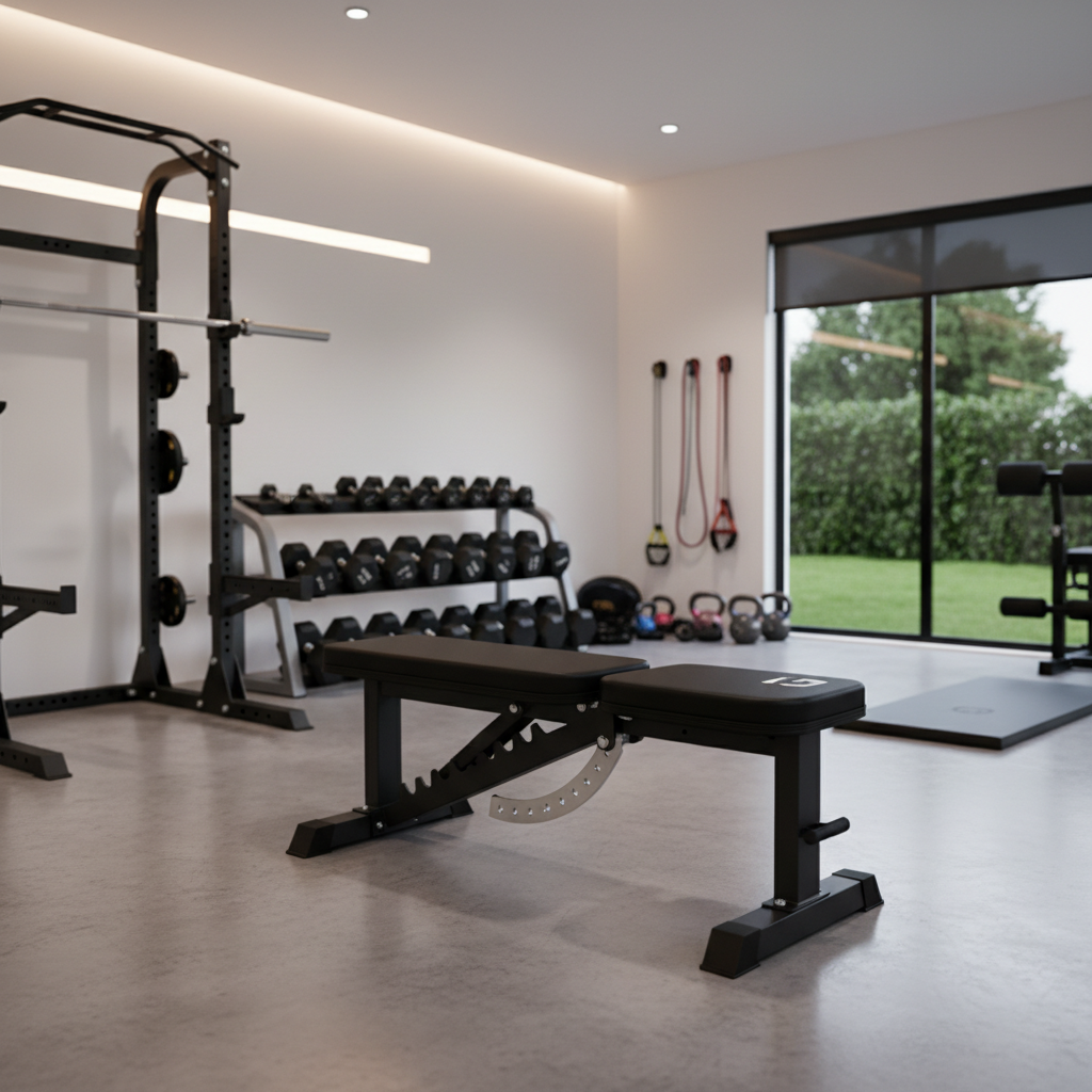 Adjustable weight bench in flat position in home gym