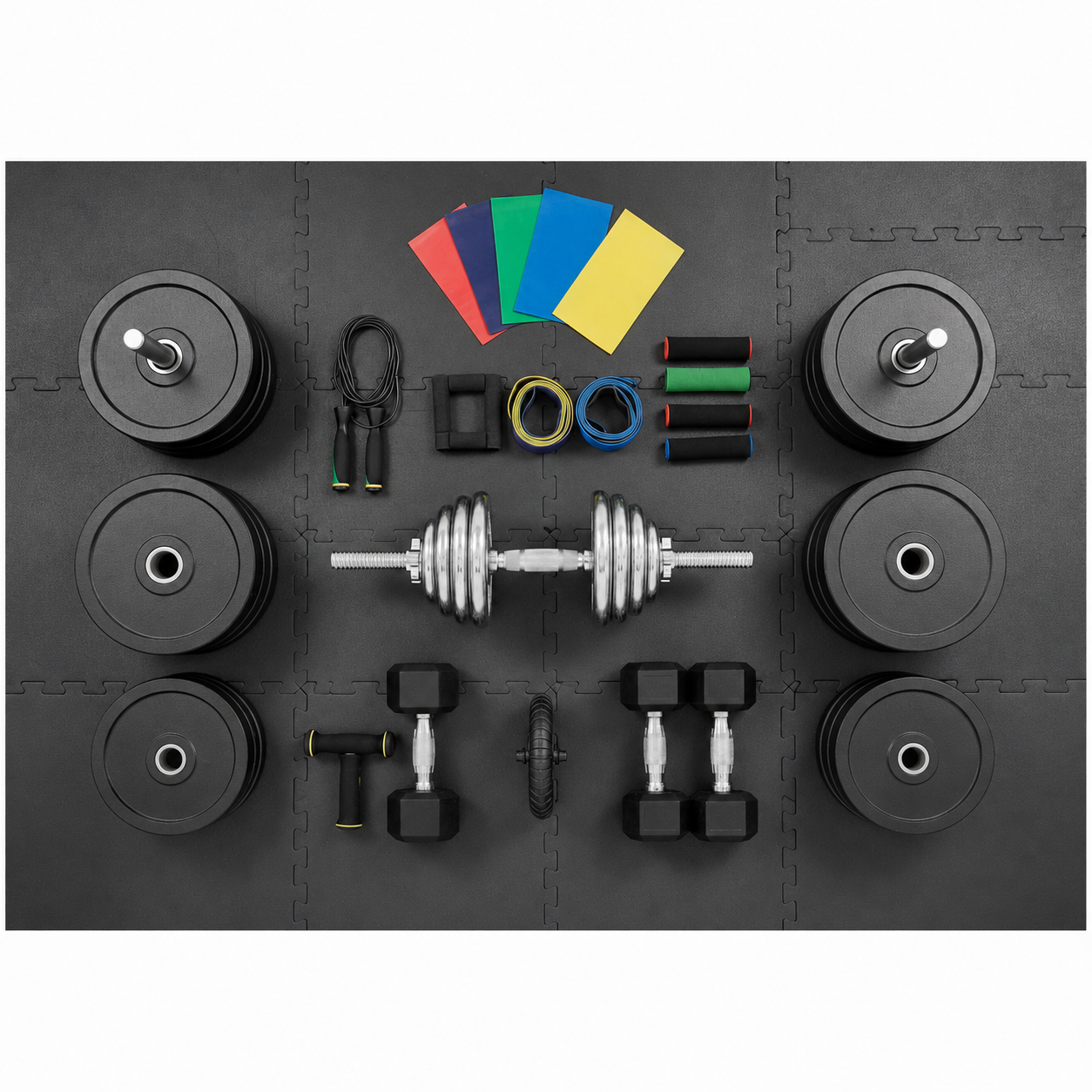 Premium home garage gym with power rack, barbell, and weight plates