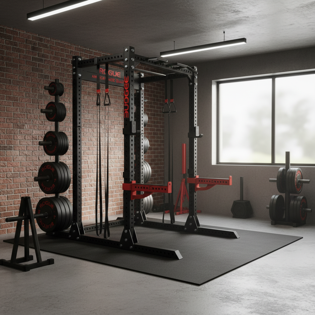 Rogue Fitness branded power rack and equipment in home gym