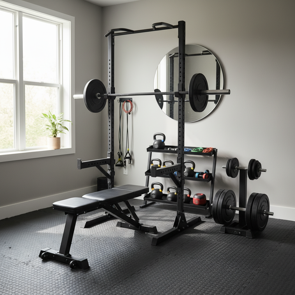 Compact budget home gym setup in small room with squat stand