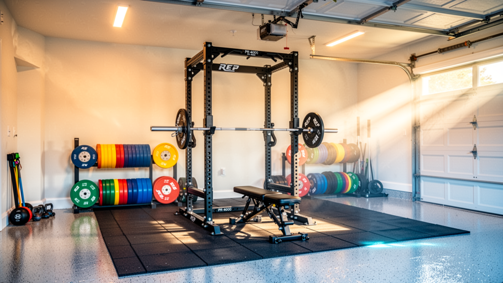 Premium home garage gym with power rack, barbell, and bumper plates