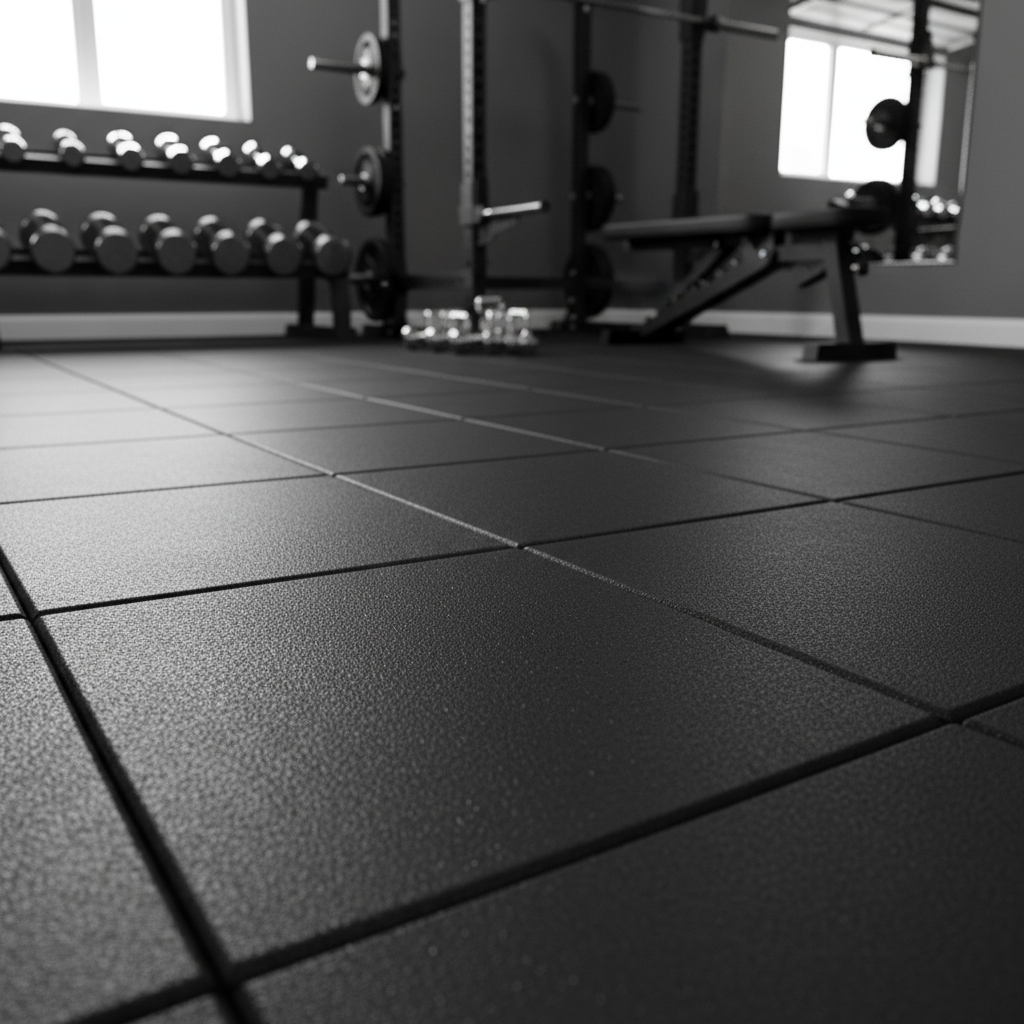 Black rubber gym flooring in home garage gym