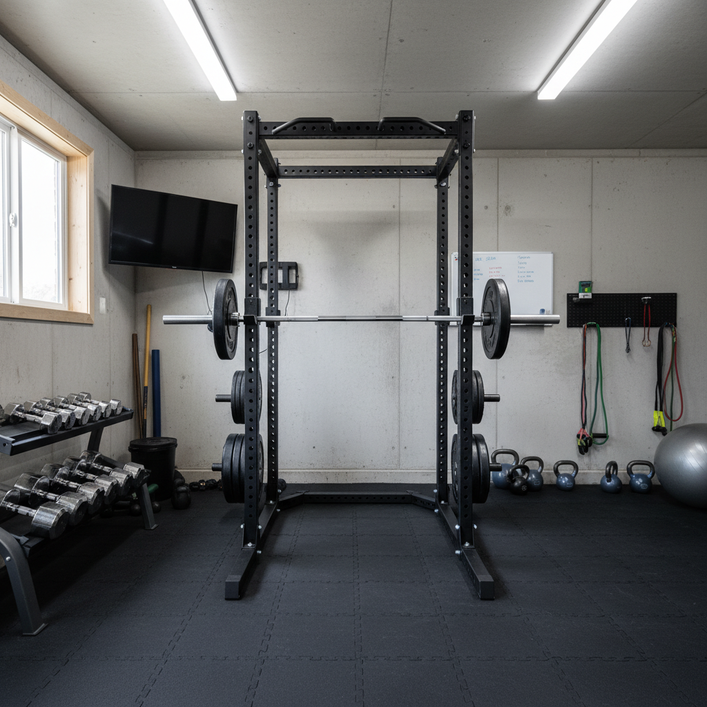 Black power rack with barbell on J-hooks in home garage gym