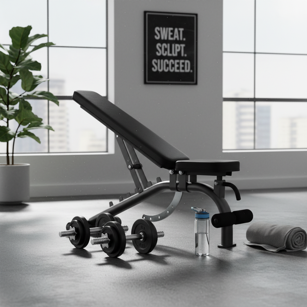 Dumbbells and bench arranged for push-pull-legs workout
