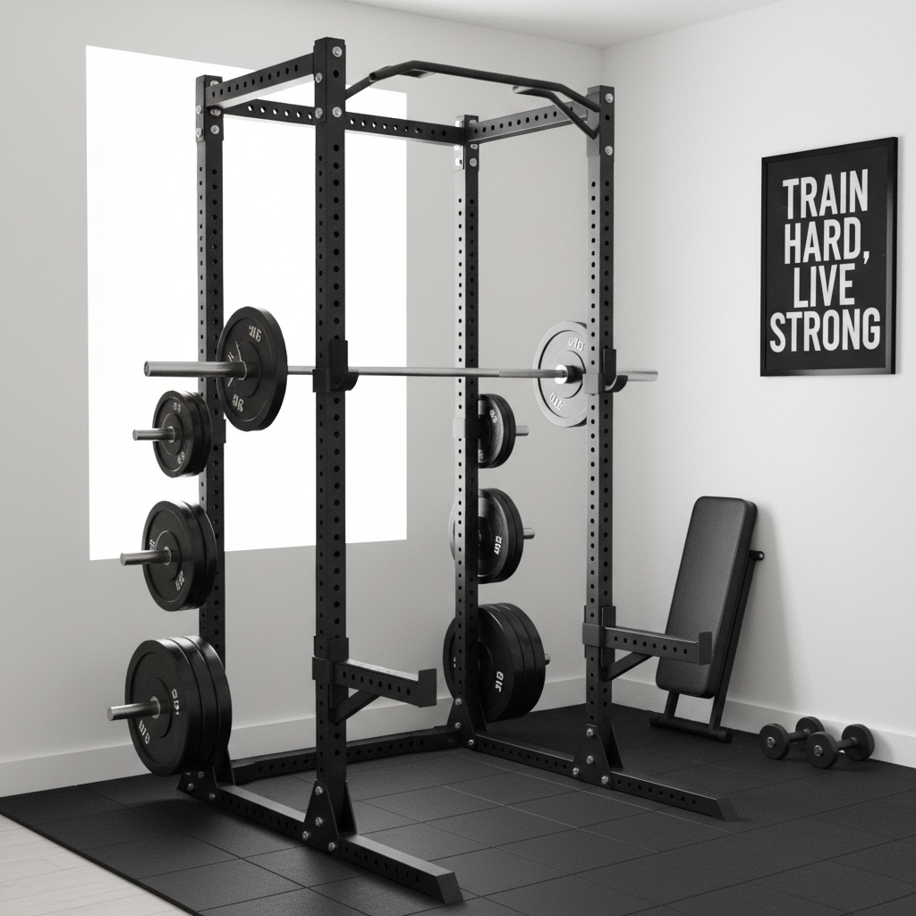 Squat rack with spotter arms and barbell in compact home gym