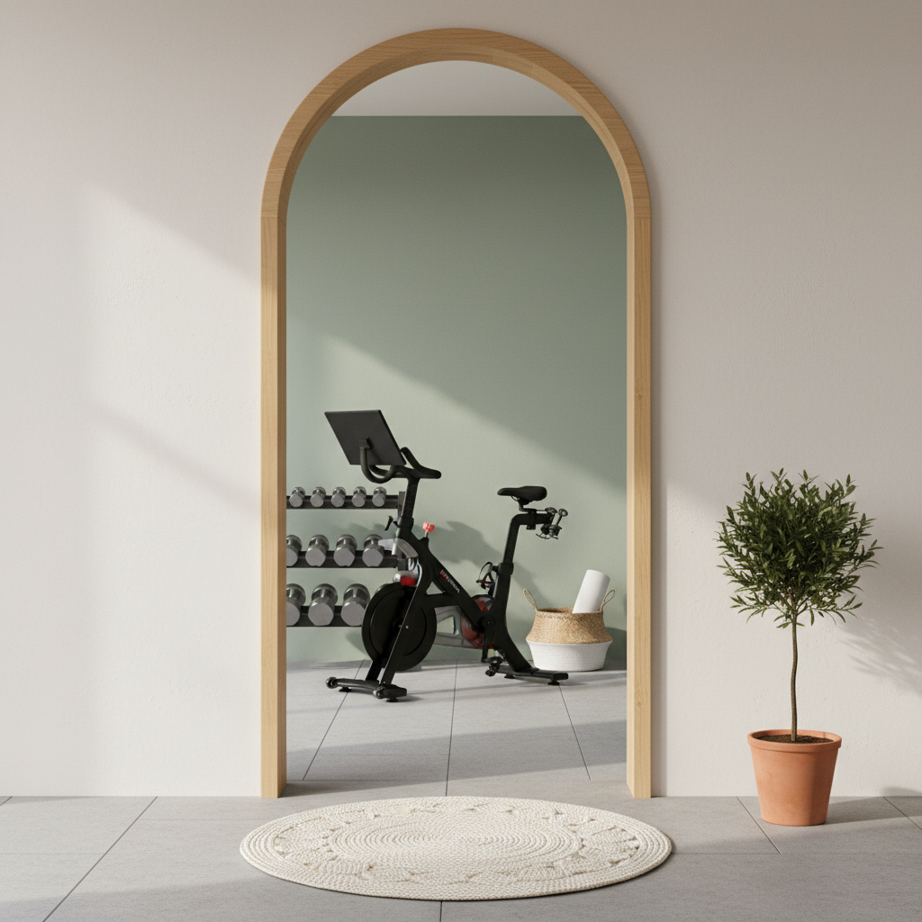 Clean home gym entrance with equipment visible through doorway
