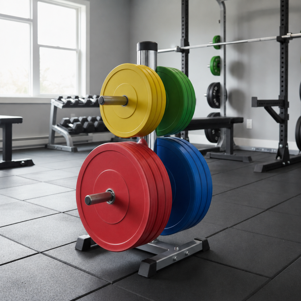 Color-coded bumper weight plates on storage rack in home gym